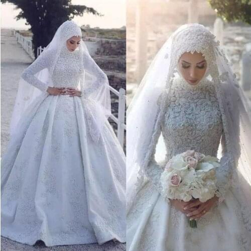 African Style Wedding Dress High-Collar Muslim Wedding Dress Long Sleeve Lace Satin Bridal Wedding Gown Dress Custom Made