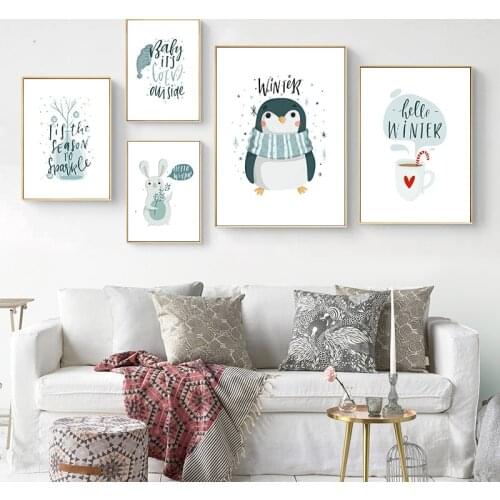 Green Penguin Bunny Cartoon Child Poster Nursery Quotes Art Canvas Print Wall Painting Nordic Kid Baby Girl Room Decor Picture