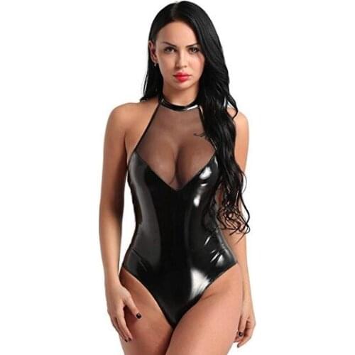 Imitation leather net yarn splicing hollow out sexy be wear outside conjoined nightgown nightclub lingerie