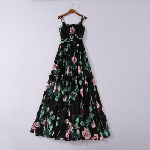 European and American womens clothing 2020 summer new style Sleeveless rose print Condole belt fashion Pleated dress