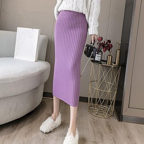 2021 Autumn Winter Thickening Women Knitted Skirts Female High Waist Office Ladies Elastic Knitting Midi Length Skirt Female