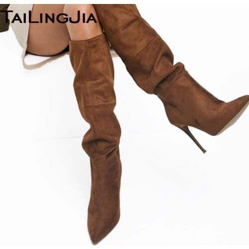 Brown Faux Suede Knee High Boots for Women Pointed Toe Stiletto High Heel Long Boot Lady Elegant Slip On Large Size Winter Shoes
