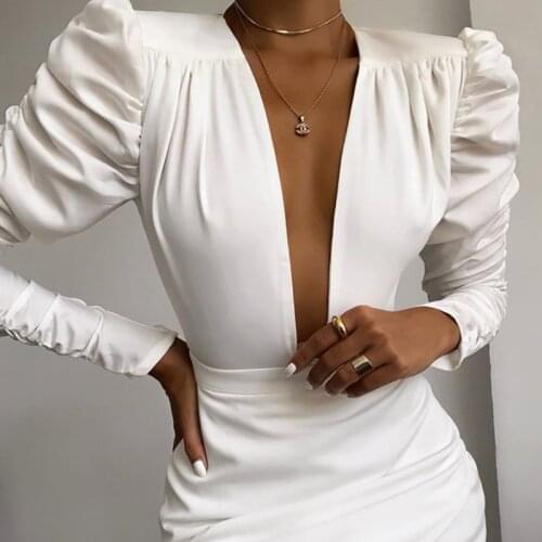 Sexy White Women Dress V Neck Elegant Long Puff Sleeve Irregular Slim Party 2021 Workwear Chic Formal Lady Mini Dress Vestidos
