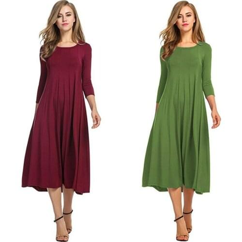 Women Summer Dress 2021 New Round Collar Casual Posed Mid Calf Dress Pure Color Vestido De Mujer LCY9858