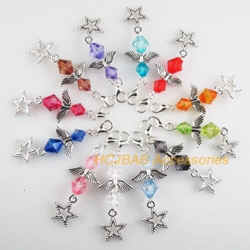 12 New Angel 21x48mm Charms Mixed Lozenge Acrylic Tibetan Silver Plated Star Retro With Lobster Claw Clasps