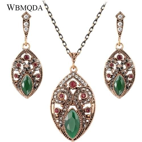 2 Pcs/lot Vintage Turkish Jewelry Sets 4 Colors Stone Crystal Antique Gold Necklace Earrings For Women Party Wedding Jewellery