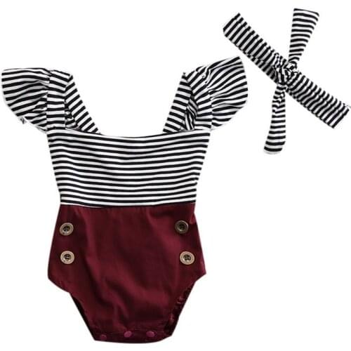 2020 Kids Baby Girls Summer Bodysuits Cotton Sleeveless Stirped Cross Bandage Bodysuit + Headwear 2Pcs Sunsuit For Newborn 0-18M