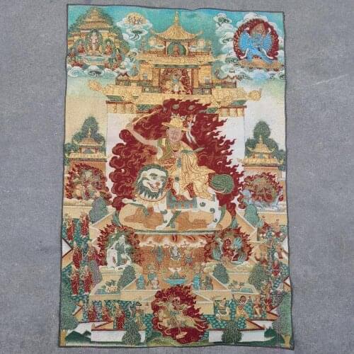 35" Thangka embroidery Tibetan Buddhism silk embroidery brocade Gu Oath King Kong Buddha Statue Riding Lion Guardian Thangkas