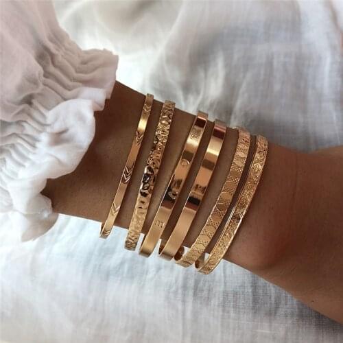 6 Pcs/Set Boho Vintage Geometric Carved Arrow Round Letter Bracelet Set Fashion Personality BangleBracelet Jewelry Accessories