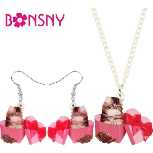 Bonsny Acrylic Valentine‘s Day Sweet Gift Box Chocolate Cat Kitten Jewelry Sets Animal Pet Earrings Necklace For Women Teen Gift
