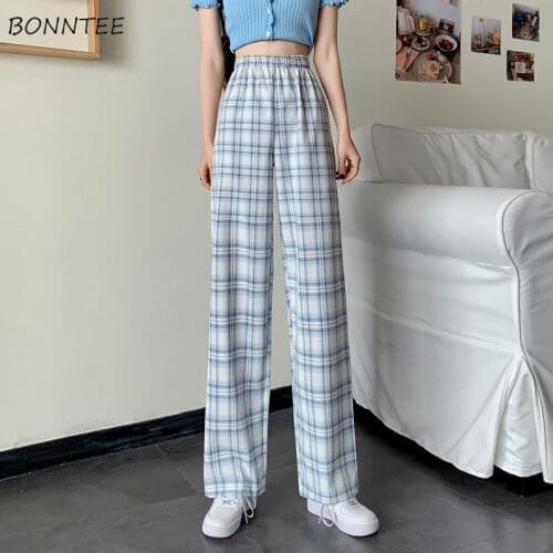 Elastic Pants Women Summer Plaid Fashion All-match Korean Style Streetwear Casual Trousers High Waist Simple Wide Leg Female New