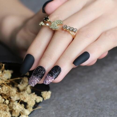 Black Gradeint false nail Burgundy Ombre glitter fake nails coffin blue full set matte with flash Ballerina red Handmade