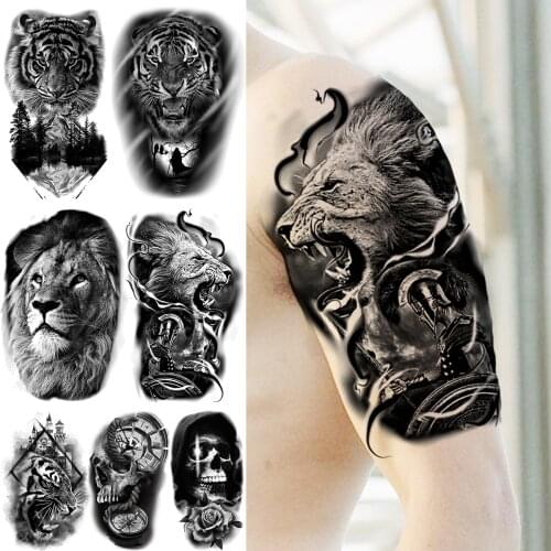 Black Lion Knight Temporary Tattoos For Men Adults Realistic Tiger Skull Compass Rose Flower Fake Tattoo Sticker Arm Body Tatoos
