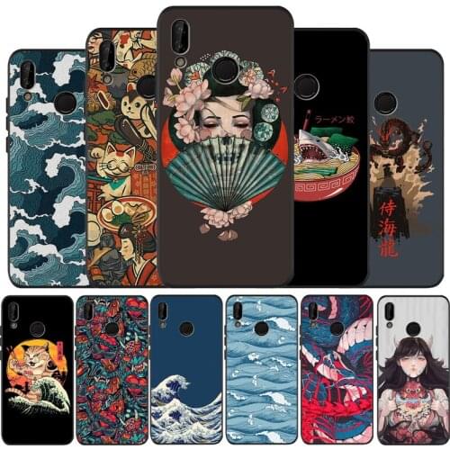 Black Silicone Soft Phone Case Japanese Style Art Japan For Huawei 40 30 20 10 9 Lite Pro P smart 2019 Y6 Y6 Prime2019 Y9 2018