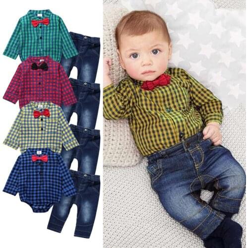 New Wholesale Gentleman Plaid T-Shirt+Jeans Infant 6-24M For Newborn Romper Toddler Kid Bodysuit Set For Baby Boy Clothes Set