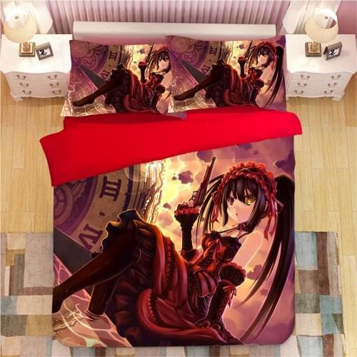 3D Bedding Set Cartoon Anime Duvet Cover Pillowcases Tokisaki Kurumi Comforter Bedding Sets Cute Gothic Style Bedclothes