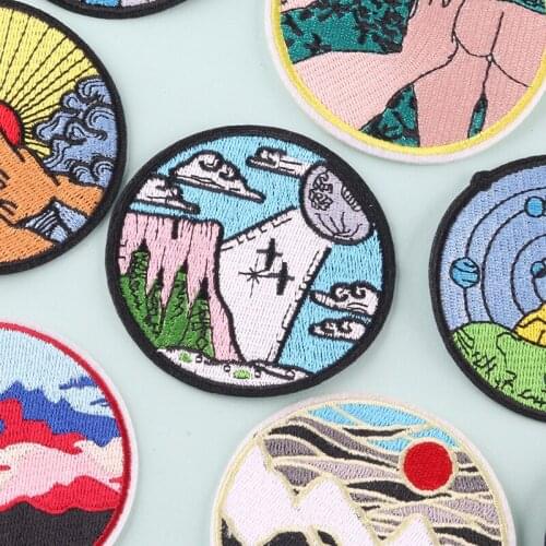 Round Peace Outdoor Hiking Theme Touch Ass Sunset Ironing Sew Iron On Embroidered Clothes Patches For Clothing Jeans Backpacks