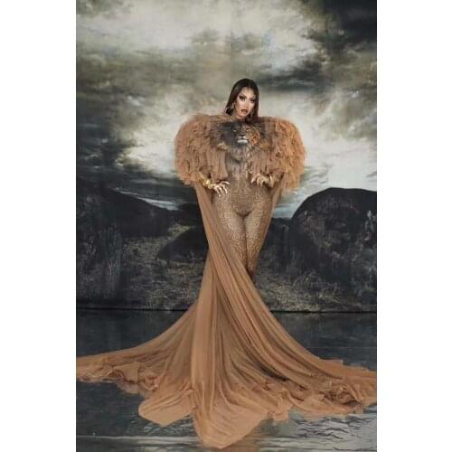 Fashion Design Cosplay Bodysuit Costume Tiger Jumpsuit Big Cloak Set Singer Sexy Stage Outfit Dance Prom Model Show Outfit