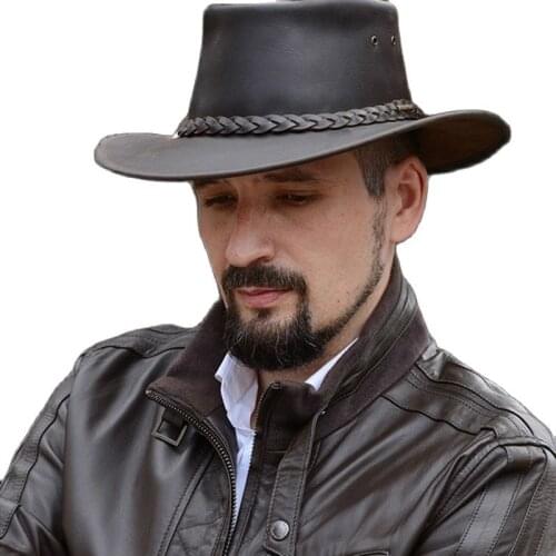 Retro Cowboy Hat Mens Western Denim Leather Pure Cowhide Knights Cap Hats for Men