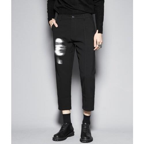 Free Shipping New Mens Male Autumn Winter Abstract Pattern Contrast Printed Casual Straight Cropped Trousers British Style Slim