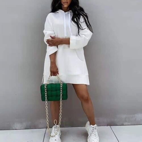 Autumn Women Casual Hooded Sports Dress Fashion Drawcord Split Solid Dress Long Sleeve Pocket Loose Sweatshirt Dress Streetwear