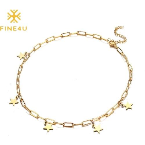 FINE4U N771 Star Choker Necklace Gold Color Dainty Paperclip Chain Necklace for Teen Girls Gift