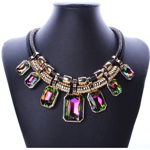 Hot Square Necklaces Glass Crystal Pendants Double layer Leather Chains Necklace For Women Fashion Jewelry