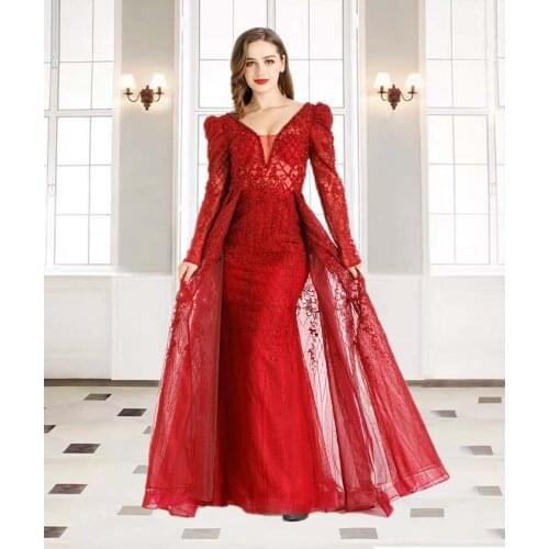 Muslim Red Luxury Beading With Train Mermaid Evening Dresses Gowns 2021 For Women Party,Wedding,Prom HO1037
