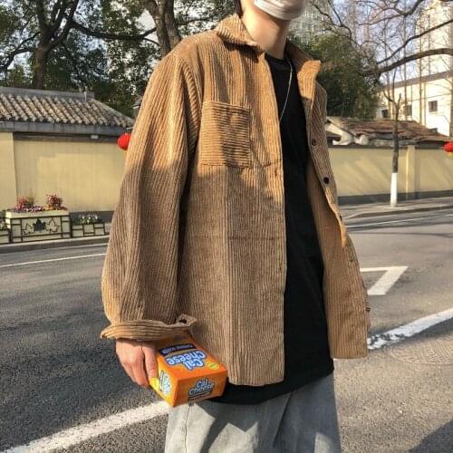 Pure Color Corduroy Shirt Mens Korean Fashion Loose Casual Shirt Men Streetwear Complex Long-sleeved Shirt Mens Tooling Jacket