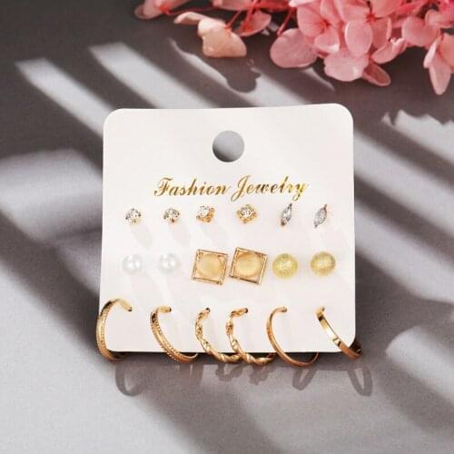 9pair/Set Gold Color Rhinestone Stud Earrings Set For Women Female Fashion Circle Earings Metal Simulation Pearl Earring Jewelry