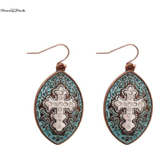 Banny Pink Religious Rhinestone Cross Earrings For Women Vintage Carved Geometric Dangle New Christian Brincos