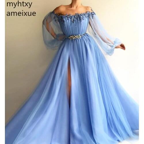 Blue Muslim Evening Dresses 2020 Sexy Long Sleeves Tulle Slit Pearls Islamic Dubai Saudi Arabic Long Formal Evening Gown Prom