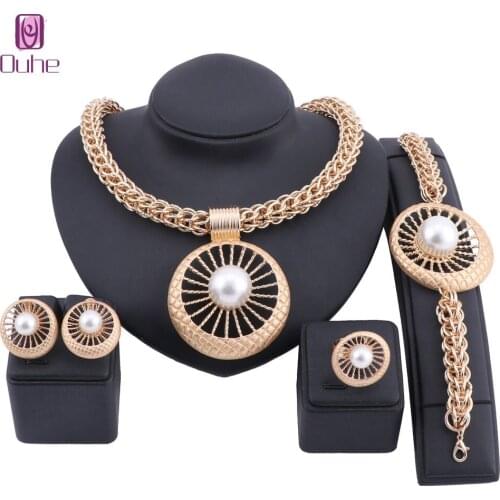 Bridal Gift Nigerian Wedding Jewelry Set Fashion Dubai Imitation Pearl Costume Design Necklace Earring Bracelet Ring Jewelry Set
