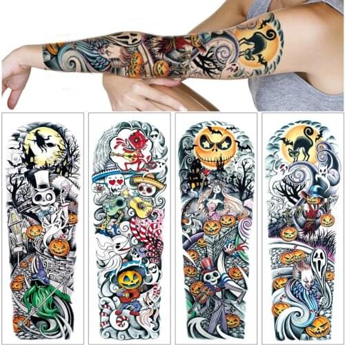 4 Sheets Full Arm Temporary Tattoos, Skull Pumpkin Ghost Fake Body Art Arm Sleeve Stickers for Adults, Women, Men