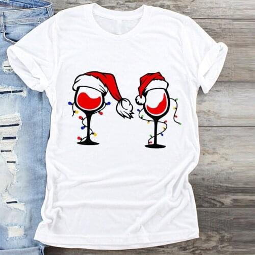 Women Plaid Wine Cup Hat Holiday Fashion Merry Christmas Print Clothes Graphic Female Tshirts Top T Shirt Ladies Tee T-Shirt