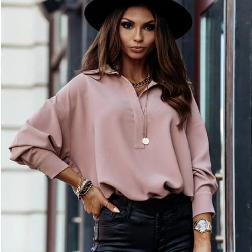 Women Blouse Simple Office Lapel Lantern Long Sleeve Solid Color Chiffon Shirt Women Casual Loose T-Shirt Female Blouse