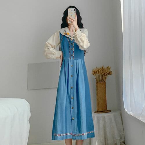 2021 Design Embroidered Shirt Female + French Retro Spring Autumn Slim Denim Strap Dress Two Piece Set Lady Fashion Outfit zh366