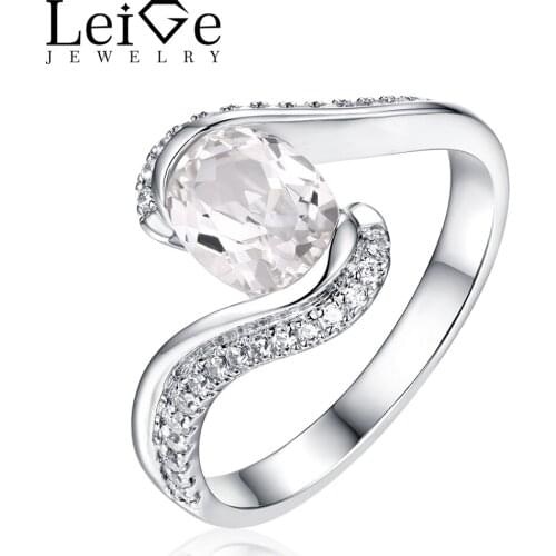 Leige Jewelry White Topaz Ring Natural Gemstone Silver 925 Bezel Setting Oval Cut Promise Rings for Women Christmas Gift