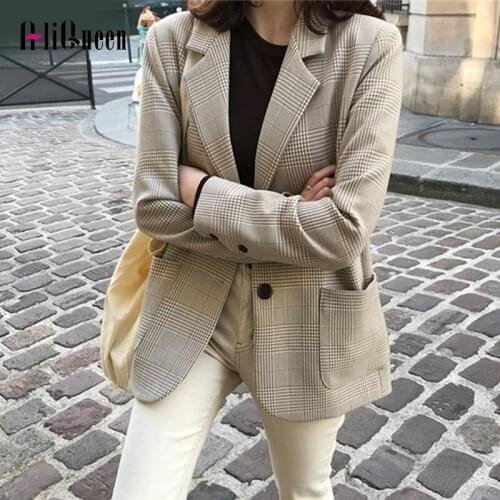 2020 Autumn Women Blazers and Jackets Plus Size Plaid Jacket Ladies Casual Notched Coat Blazer Feminino Vintage Pockets Tops