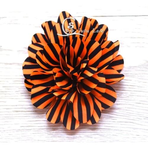 3.75inch large chiffon scalloped Flower 60pcs/lot decorative orange/black striped fabric flower for Hollween