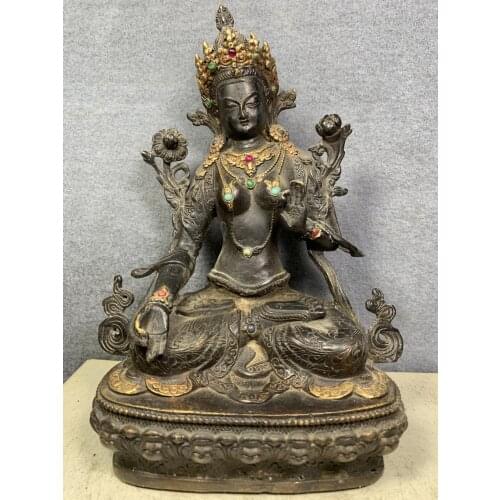 9"Tibet Temple Collection Old Bronze Gilt mosaic Gem Seven Eyes Tara Bodhisattva Guanyin Sitting Buddha Enshrine the Buddha