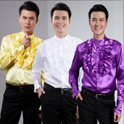 White yellow purple fashion slim shirt men long sleeve shirt mens teenage korean shirts mens personality stage singer dance