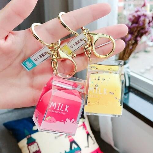 Fashion Dairy Cow Milk Drinks Acrylic Keychain Fruit Milk Moving Liquid Key Rings Decompression Bottle Jewelry Key Chain Gifts