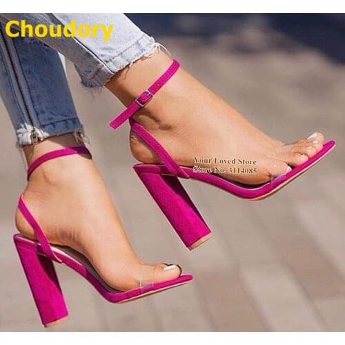 Choudory Fuchsia Suede Chunky Heel Sandals Transparent PVC Strap Gladiator Shoes Women Buckle Strap Wedding Pumps Size47