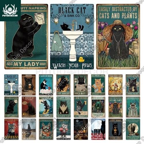 Putuo Decor Black Cat Vintaget Metal Sign Plaque Metal Vintage Tin Sign Poster Decoration for Living Room Pet Shop Wall Decor