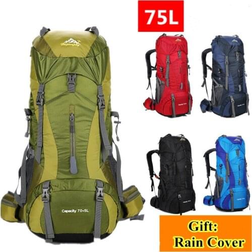75L Men Women Outdoor Hiking Travel Backpack Large Capacity Waterproof Hunting Camping Climbing Bag Sports Rucksack Rain Cover