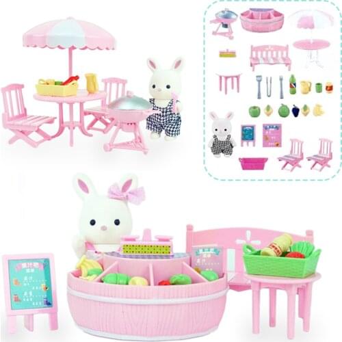 Forest Family Ice Cream Truck Animal Doll Miniature Fruit Stand Bunnie Simulation Kitchen Toy Refrigerator Girl Dollhouse Gift