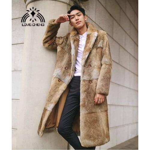 New real genuine natural rabbit fur coat men long fashion turn-down collar jacket outwear overcoat custom any size