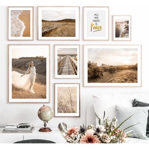 Autumn Forest Girl Grass Bridge Waves Waterfall Wall Art Print Canvas Painting Nordic Poster Decoration Pictures For Living Room