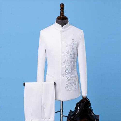 Blazer men Chinese tunic suit set with pants white mens wedding suits costume singer stand collar clothing formal dress white